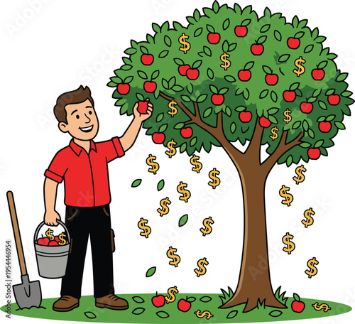 Man harvesting money from a tree, symbolizing financial growth and wealth accumulation