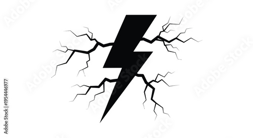 A black lightning bolt with radiating cracks on a white background