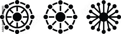 Radial network topology  connection icons set of hub and spoke centralized and decentralized connection systems. Network connectivity, information distribution, and organizational hierarchy.