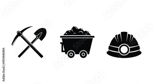 Mining tools including pickaxe ore cart and helmet silhouette