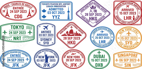 Collection of travel passport stamps from various international airports around the world