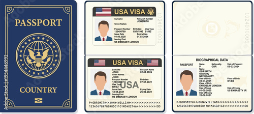 Official United States of America passport with visa pages showcasing official seals and biographical data for international travel documentation