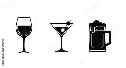 Three alcoholic beverages displayed as a striking black silhouette