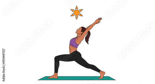 Woman practicing a yoga pose with a sun illustration above her