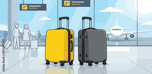 Yellow and grey suitcases await travel in a bright airport terminal. Passengers and an airplane signify exciting global journeys, vacations, and destinations