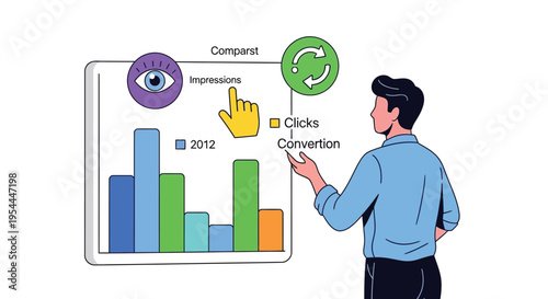 Man analyzing marketing data on a tablet with graphs and key metrics