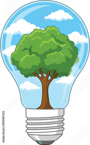 Eco-friendly light bulb with a tree and clouds inside, symbolizing green energy and environmental awareness