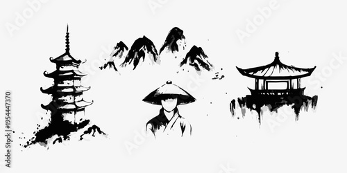 Traditional east asian landscape with pagoda mountains and a figure