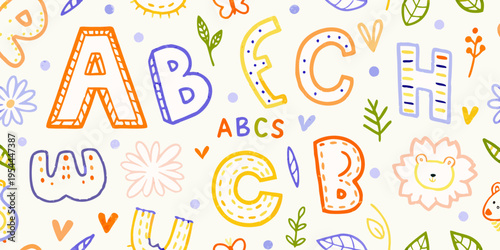 Colorful alphabet letters and whimsical illustrations create a playful pattern