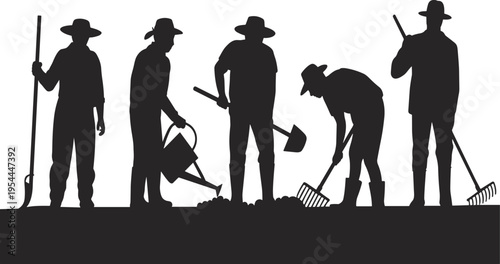 Silhouette illustration of five people gardening with tools, symbolizing teamwork, cultivation, outdoor farming, manual labor, and agricultural lifestyle in nature.