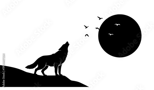 Wolf Howling at Moon with Flying Birds Silhouette Vector Illustration