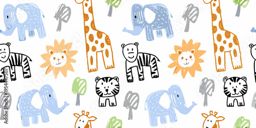 Playful animal and floral pattern with bright colors and whimsical style