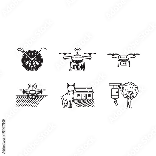 Drone technology and precision farming concept with drones flying over fields and farm animals  agricultural innovation