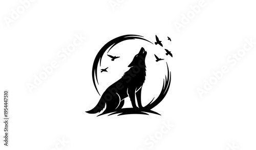 Elegant Wolf Howling Moon and Birds Silhouette Vector Illustration