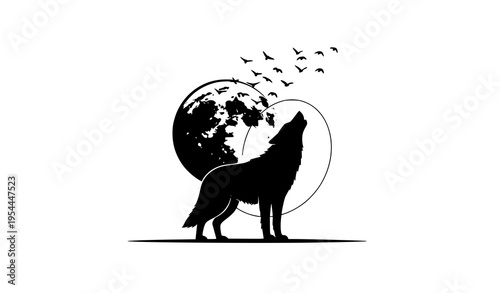 Minimalist Howling Wolf Moon Silhouette with Flying Birds Vector Art