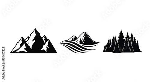 Mountain wave and forest shapes presented in a striking silhouette