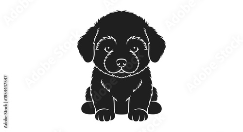 Adorable black silhouette of a fluffy puppy sitting and facing forward