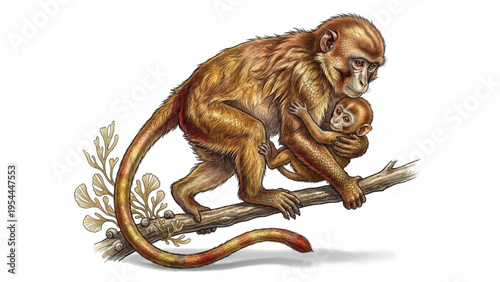 Macaque Monkey Carrying Baby on Tree Branch