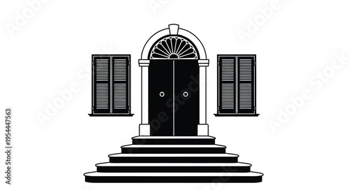 Black and white illustration of a doorway with steps and shutters