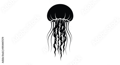 A minimalist black silhouette of a jellyfish with flowing tentacles