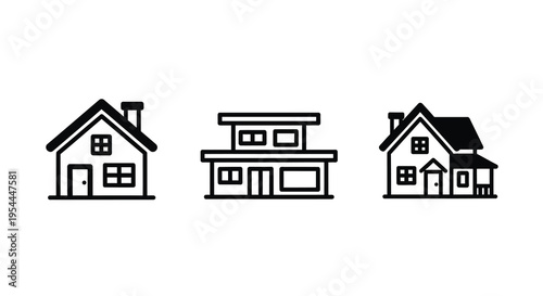 Three simple house outlines displayed in a minimalist style silhouette