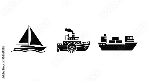 Three nautical vessels including a sailboat tugboat and freighter silhouette