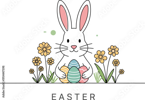 Charming illustration of a happy white Easter bunny holding brightly colored decorative eggs among spring flowers