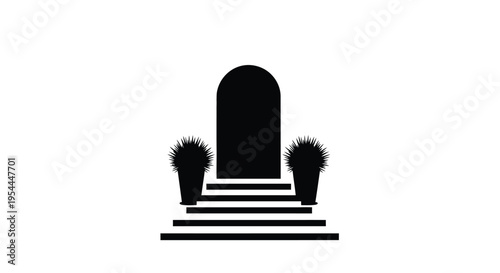 Simple black silhouette of a doorway with flanking potted plants