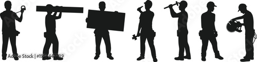 Silhouette illustration of seven construction workers with tools, representing teamwork, labor diversity, industrial skills, and professional craftsmanship in building and construction industry.