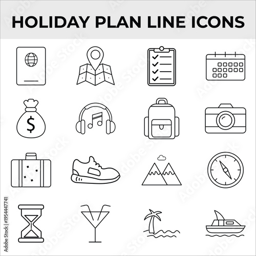 Holiday Plan Line Icon Sheet for Summer Travel and Vacation