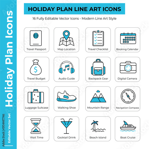 Minimalist Holiday Plan Line Art Icons Sheet for Creative Travel