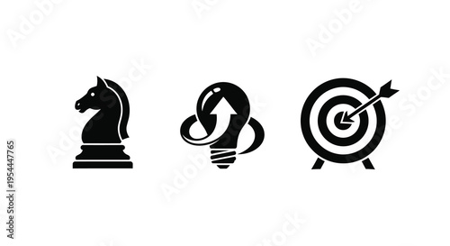 Chess horse lightbulb and target icons displayed as a stark silhouette