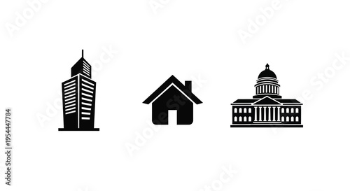 Three architectural structures depicted in a stark black silhouette