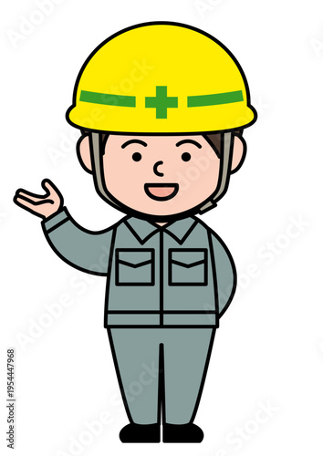 笑顔でご案内をしているヘルメットと作業着の人物ベクターイラスト