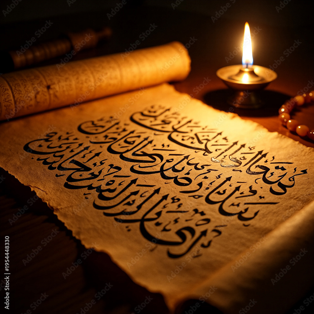 Fototapeta premium Arabic Calligraphy Manuscript on Vintage Paper with Candlelight