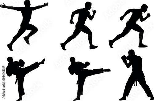 Athlete silhouette set showing running sprinter and martial arts fighter performing kicks and boxing poses, dynamic sports action collection isolated vector illustration on white.