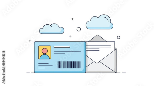 Identity card and official mail concept featuring a blue id card with profile photo and barcode next to a white envelope.
