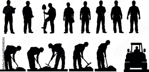 Construction worker silhouette set with builders digging ground using shovel and pickaxe, industrial labor team and tractor operator, engineering work concept vector illustration isolated.