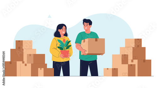 Young couple moving into a new home carrying cardboard boxes and a potted plant with many boxes piled around them.