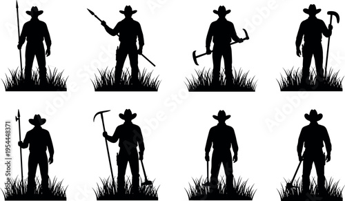 Farmer silhouette set holding traditional agricultural tools in field grass, rural worker standing with spear, hoe and pickaxe, vintage farming lifestyle vector illustration.