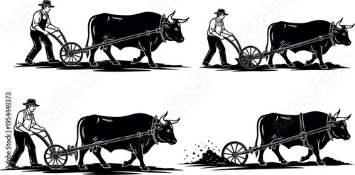 Farmer plowing field with ox silhouette set, traditional agriculture cultivation scene, rural man using animal powered plough cart, vintage farming vector illustration isolated.