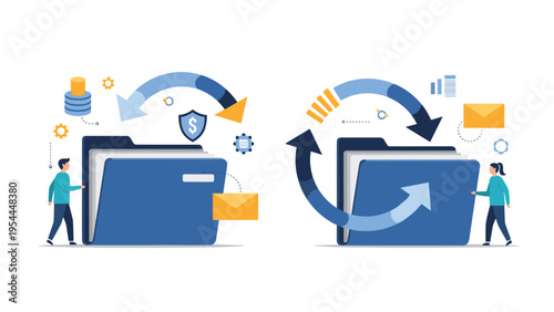 Digital data management and security concept with folders showing file transfer arrows and protection shields and emails.