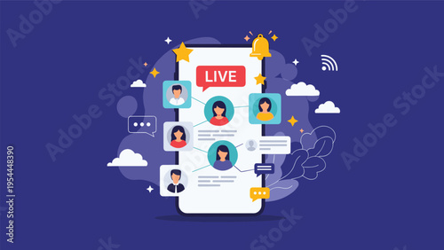 Interactive live social media streaming on a smartphone screen with connected people avatars and various floating icons.