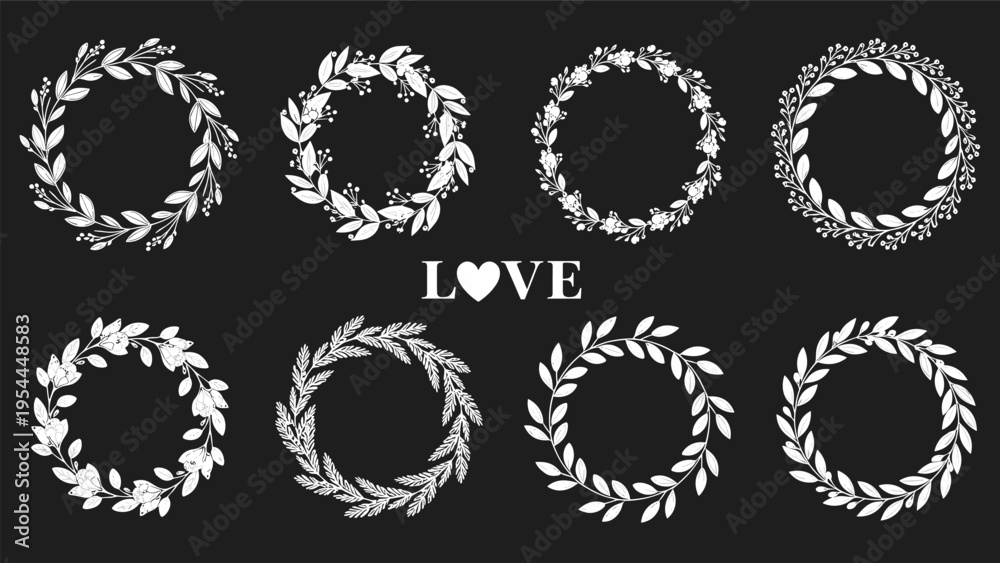 Fototapeta premium Collection of eight elegant white floral wreaths in various styles on a black background with central love lettering.