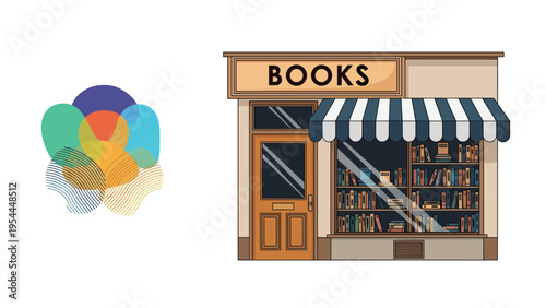 Bookstore storefront with a blue awning and shelves full of books next to a colorful overlapping abstract floral logo.