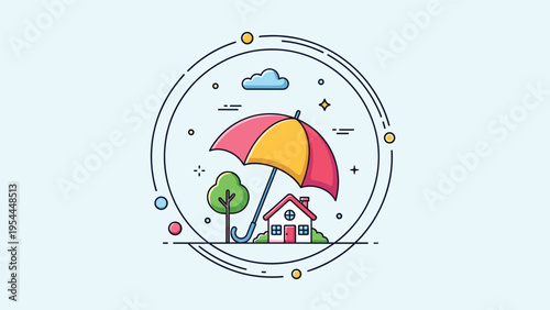 Home insurance and property protection concept showing a small house and a green tree shielded by a large umbrella.