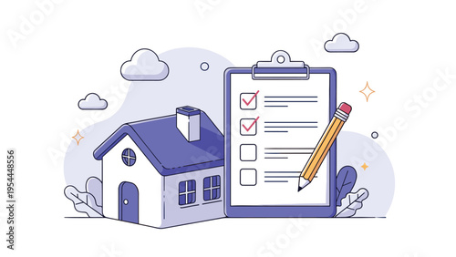 Home inspection and real estate maintenance concept with a house next to a clipboard showing a completed checklist.