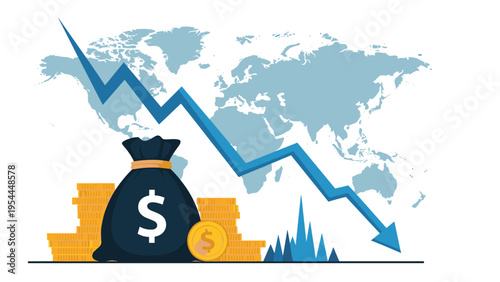 Global economic recession concept with a money bag and coin stacks below a sharp declining arrow over a blue world map.
