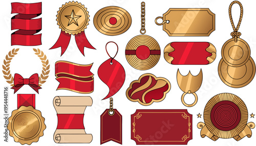 Assortment of ornate golden and deep red award seals, dangling tags, laurel wreaths, and scroll designs suitable for premium documentation or luxury branding purposes.