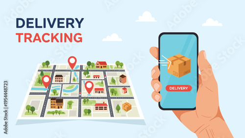 Package delivery tracking concept with hand holding smartphone displaying box and city map with location pins for navigation.